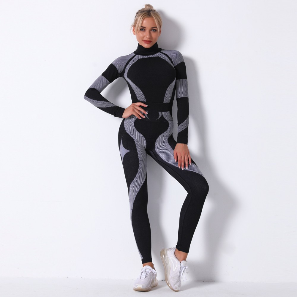  Seamless Knit Stripe Exercise Yoga Long Sleeve Bodysuit Sweat wicking outdoor exercise yoga set 