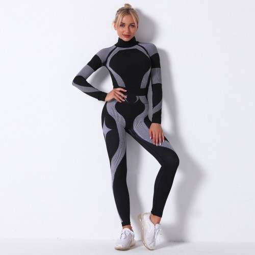  Seamless Knit Stripe Exercise Yoga Long Sleeve Bodysuit Sweat wicking outdoor exercise yoga set