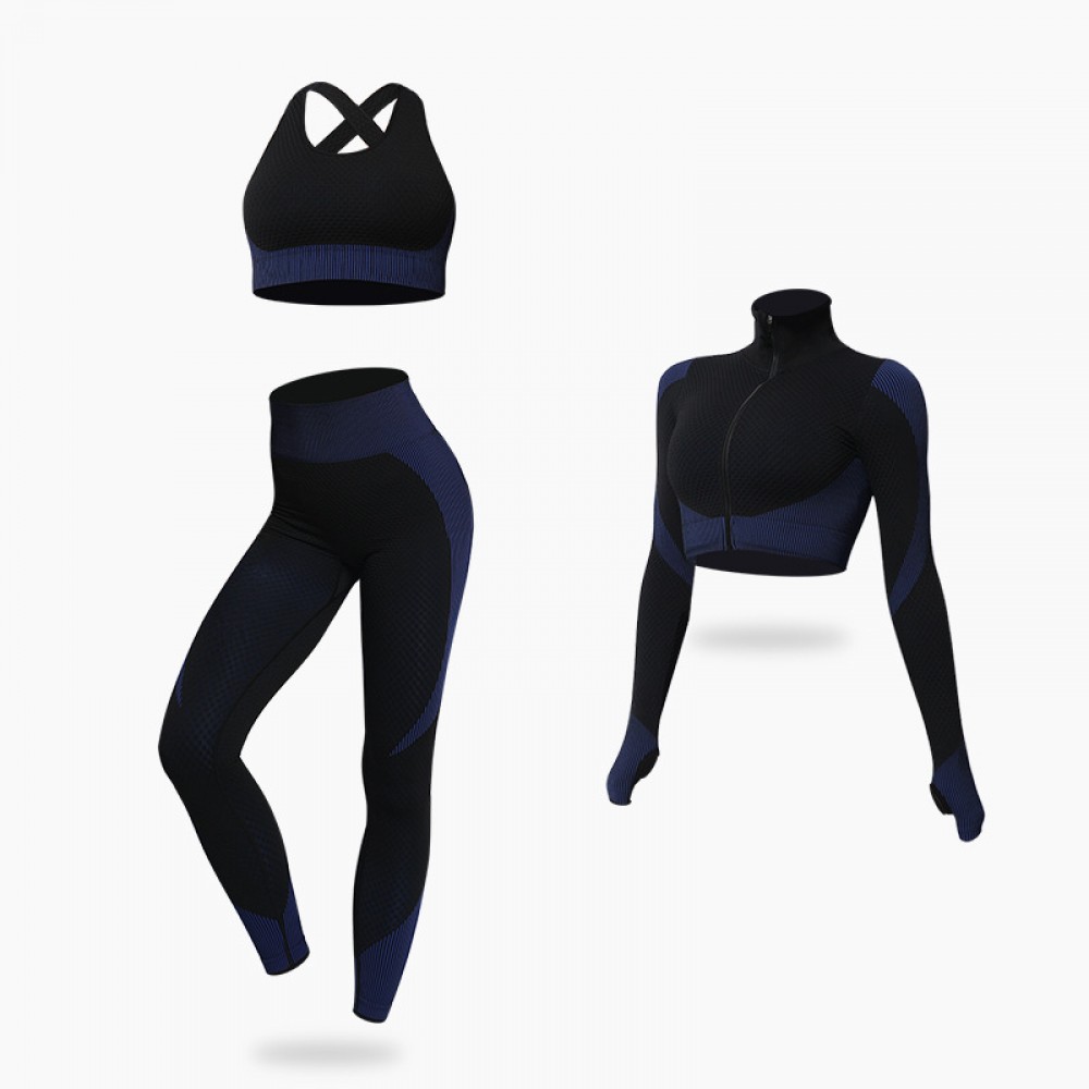 Cross-border Europe and the United States seamless yoga suit women, Autumn and winter new knitted buttock stretching exercise three-piece set 