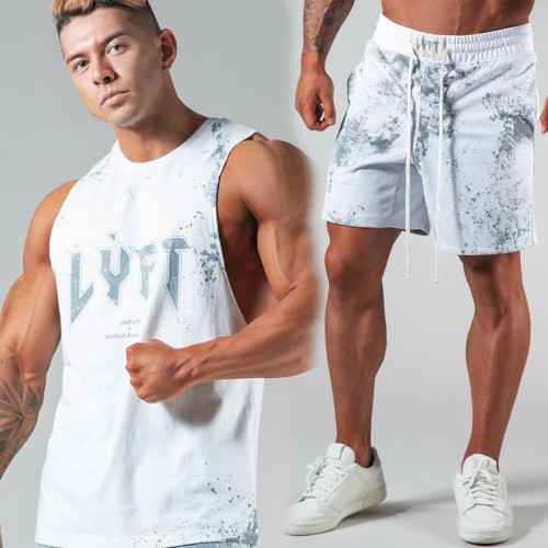 LYFT muscle family summer fitness shorts men tie-dye cotton loose sport plus-size short-sleeved shorts suit
