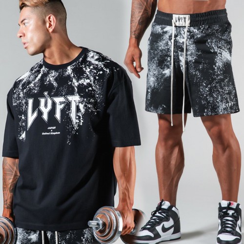 LYFT muscle family summer fitness shorts men tie-dye cotton loose sport plus-size short-sleeved shorts suit