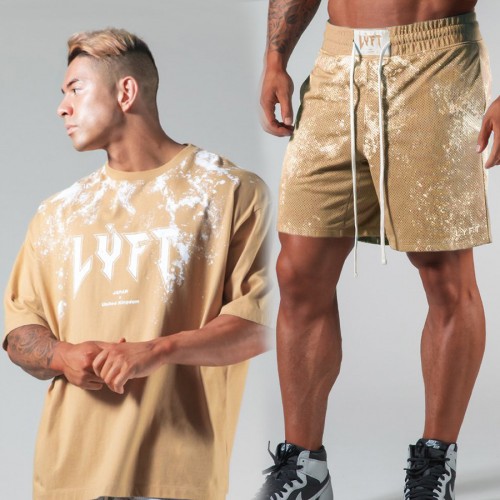 LYFT muscle family summer fitness shorts men tie-dye cotton loose sport plus-size short-sleeved shorts suit