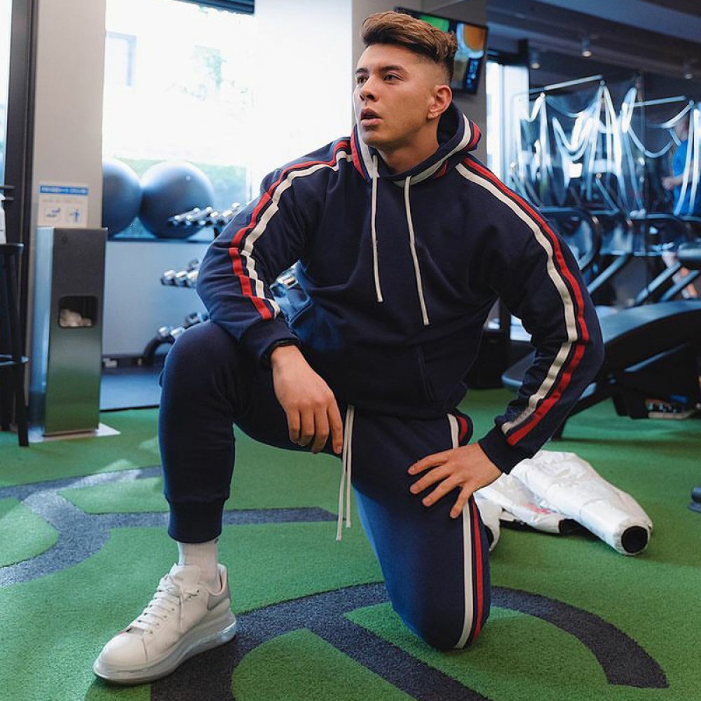 Muscle fitness family sweater and trousers autumn and winter sports men’s stretch slim running outdoor leisure two-piece suit 