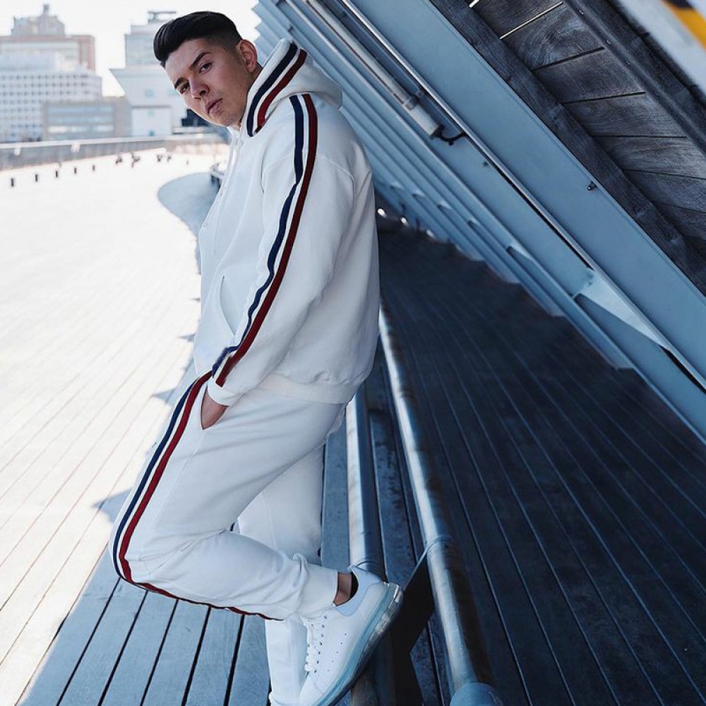 Muscle fitness family sweater and trousers autumn and winter sports men’s stretch slim running outdoor leisure two-piece suit 