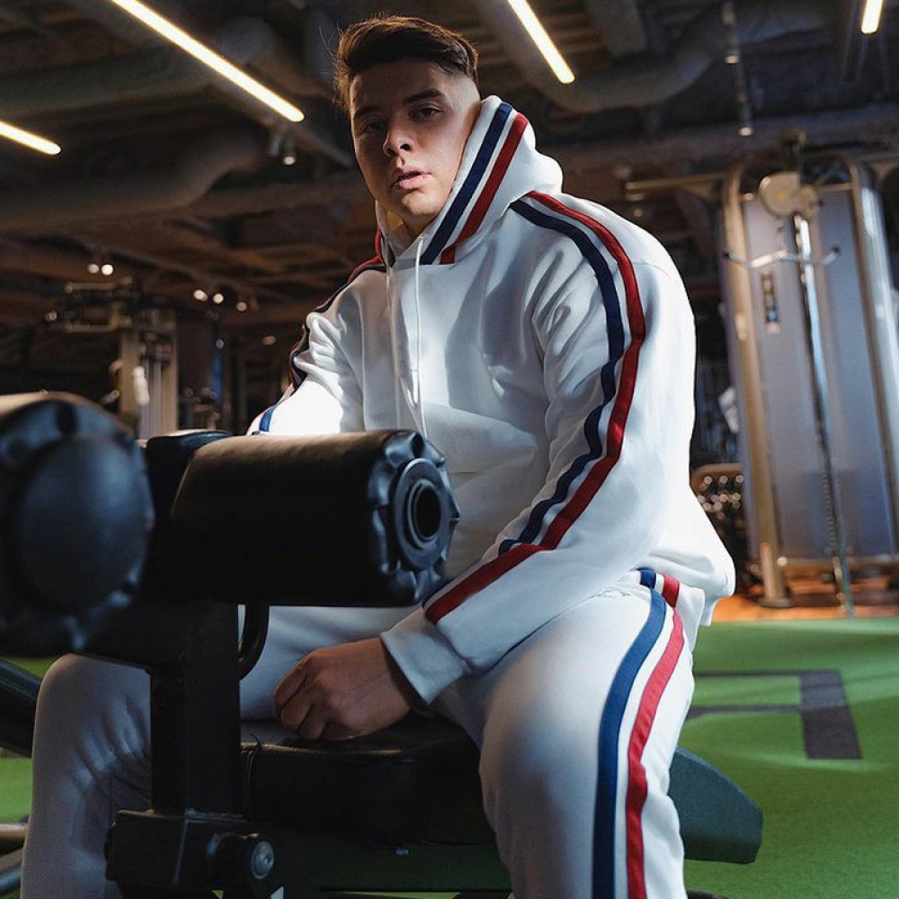 Muscle fitness family sweater and trousers autumn and winter sports men’s stretch slim running outdoor leisure two-piece suit 