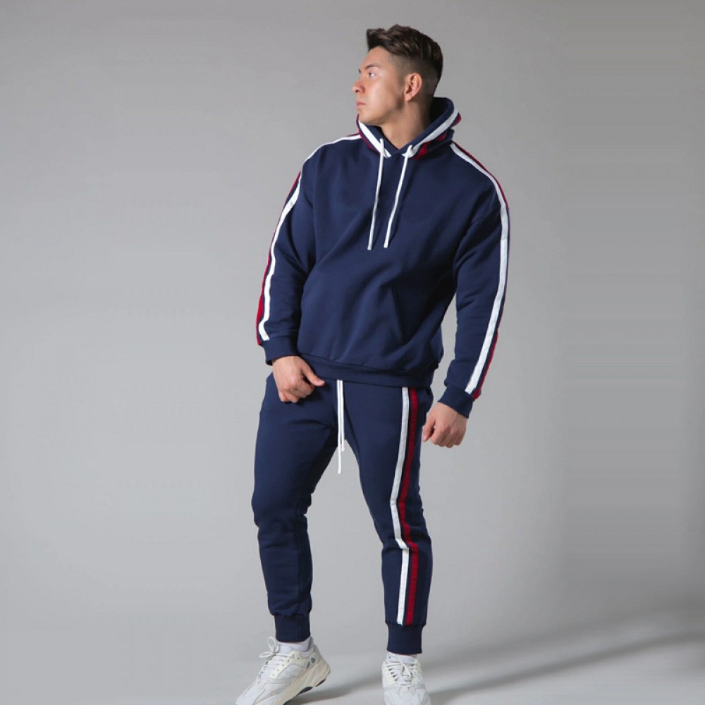 Muscle fitness family sweater and trousers autumn and winter sports men’s stretch slim running outdoor leisure two-piece suit 