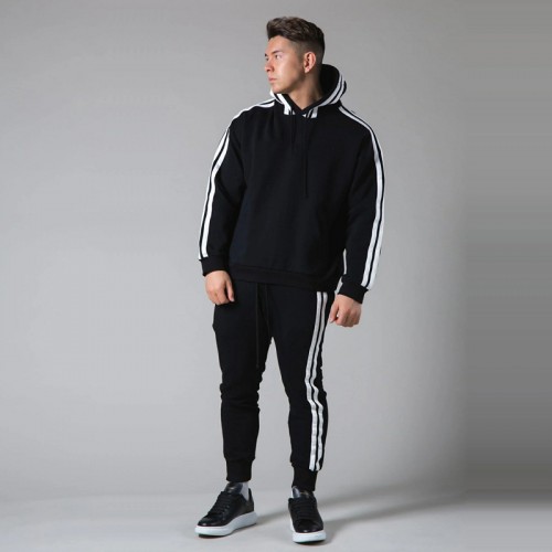 Muscle fitness family sweater and trousers autumn and winter sports men’s stretch slim running outdoor leisure two-piece suit 