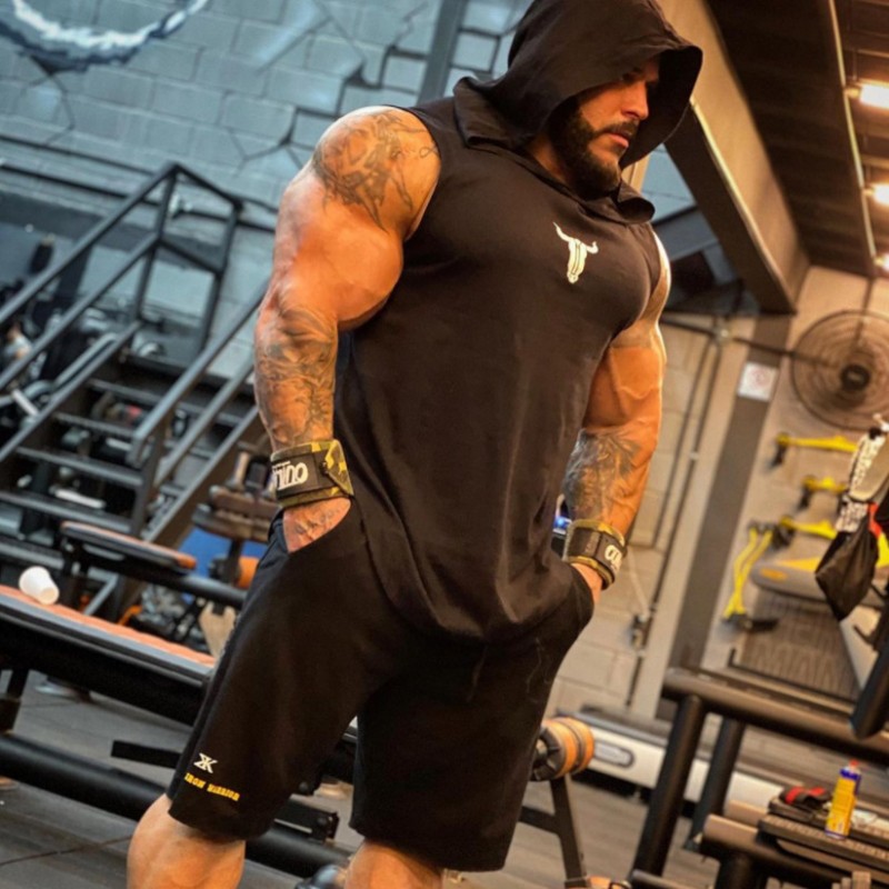 INS New Muscle sports family fitness vest with a cap and vest men’s sleeveless t-shirt running vest training Hoodie