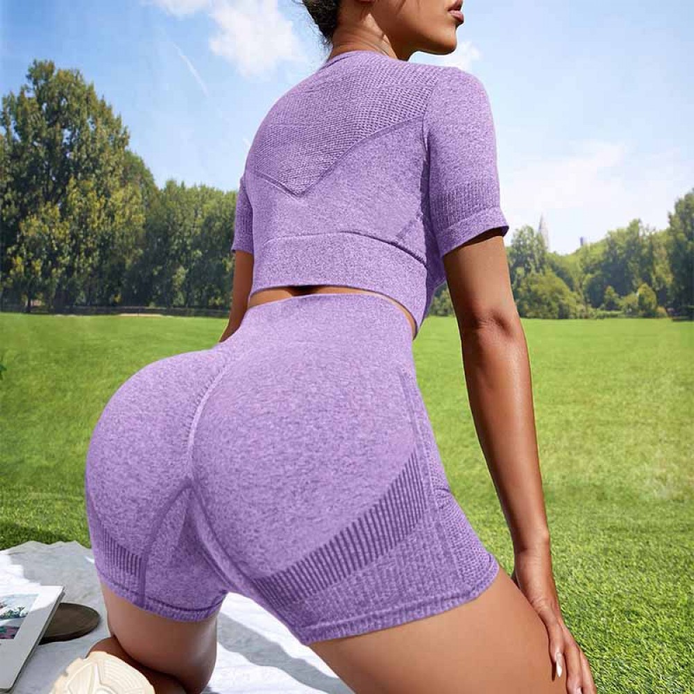 New Style of short-sleeved fitness suit seamless yoga suit female elastic tight speed dry dark green fitness shorts european-n suit 