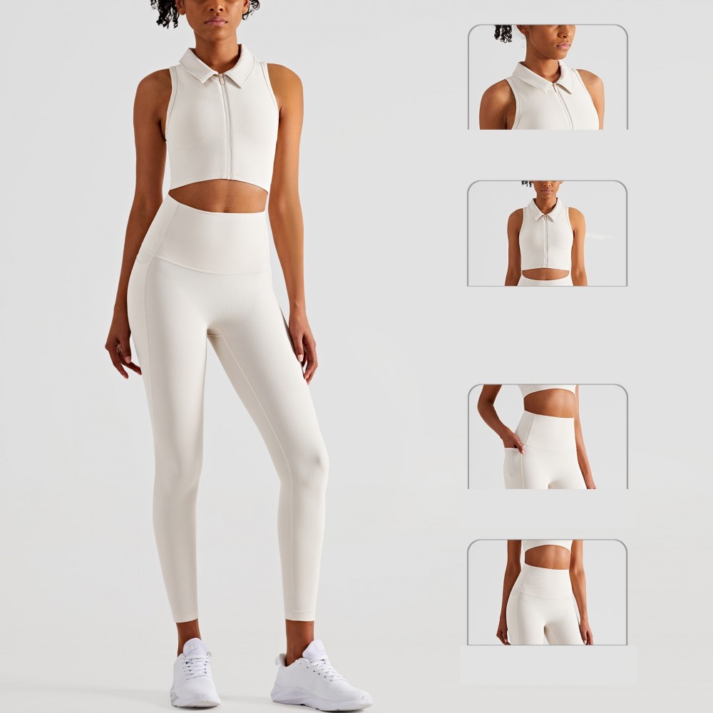 Rib New Wholesale Yoga suit, Front Zipper Collar Yoga Jacket riding training side pocket movement 