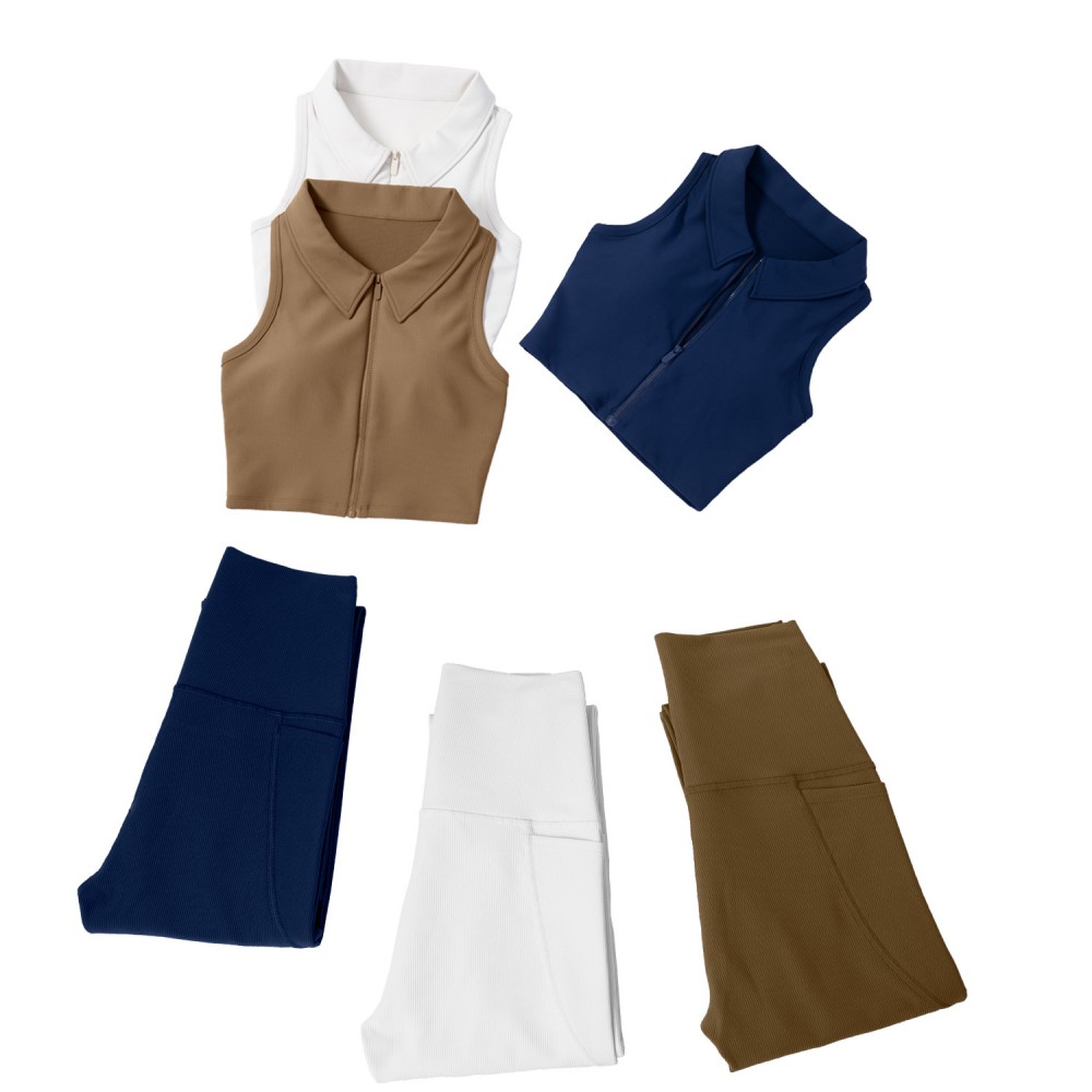 Rib New Wholesale Yoga suit, Front Zipper Collar Yoga Jacket riding training side pocket movement 
