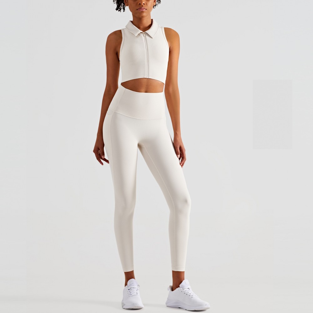 Rib New Wholesale Yoga suit, Front Zipper Collar Yoga Jacket riding training side pocket movement 