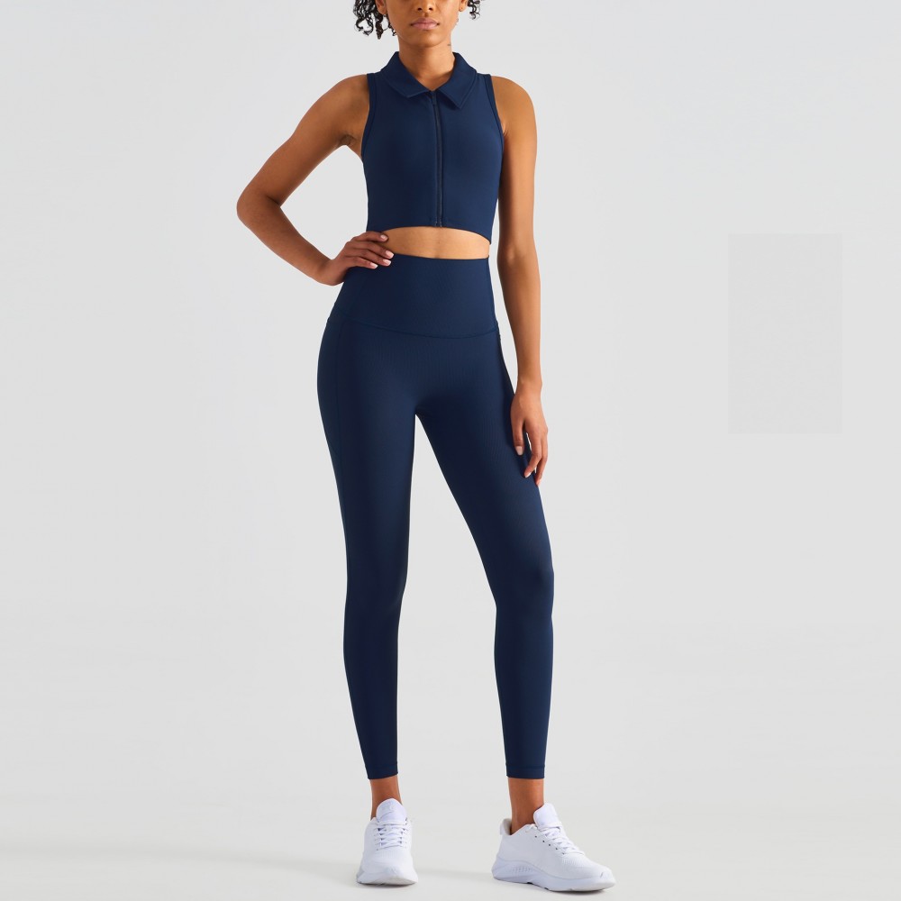 Rib New Wholesale Yoga suit, Front Zipper Collar Yoga Jacket riding training side pocket movement 