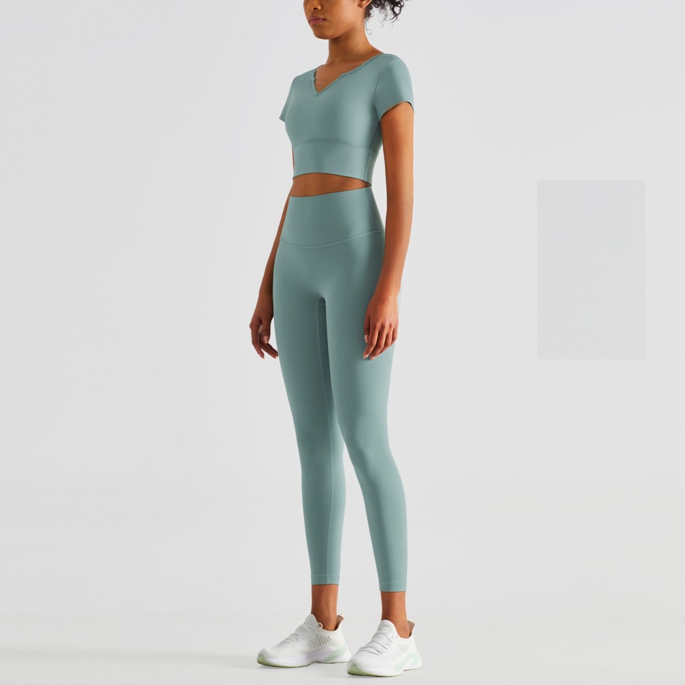 Lulu new high waist yoga suit woman, fitness butt-lift Peach Pants Naked Feeling v Tie Bra Pad short-sleeved t 
