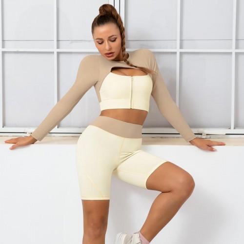 Spot quick-dry Sports double-zipper long-sleeve three-quarter Pants two-piece fitness fitness fitness yoga suit woman