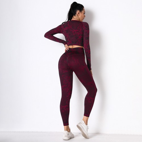 Cross-border Yoga Women&#039;s seamless knitted camouflage body Yoga suit high-elastic body long-sleeved Yoga Pants women 