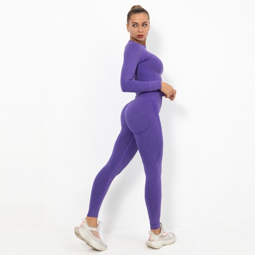 Spot Europe and the United States seamless yoga suit women crescent tight elastic long-sleeve running fitness suit women