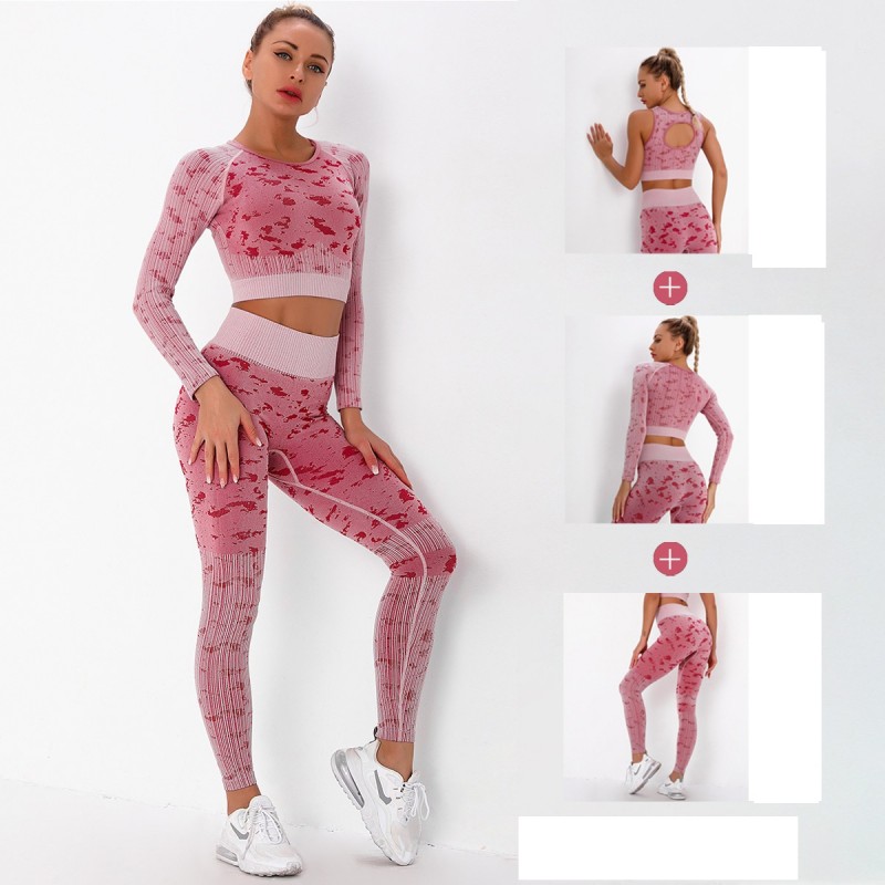 Spot high-end seamless knitting yoga fitness kit outdoor quick-dry stripes camouflage yoga suit three-piece set