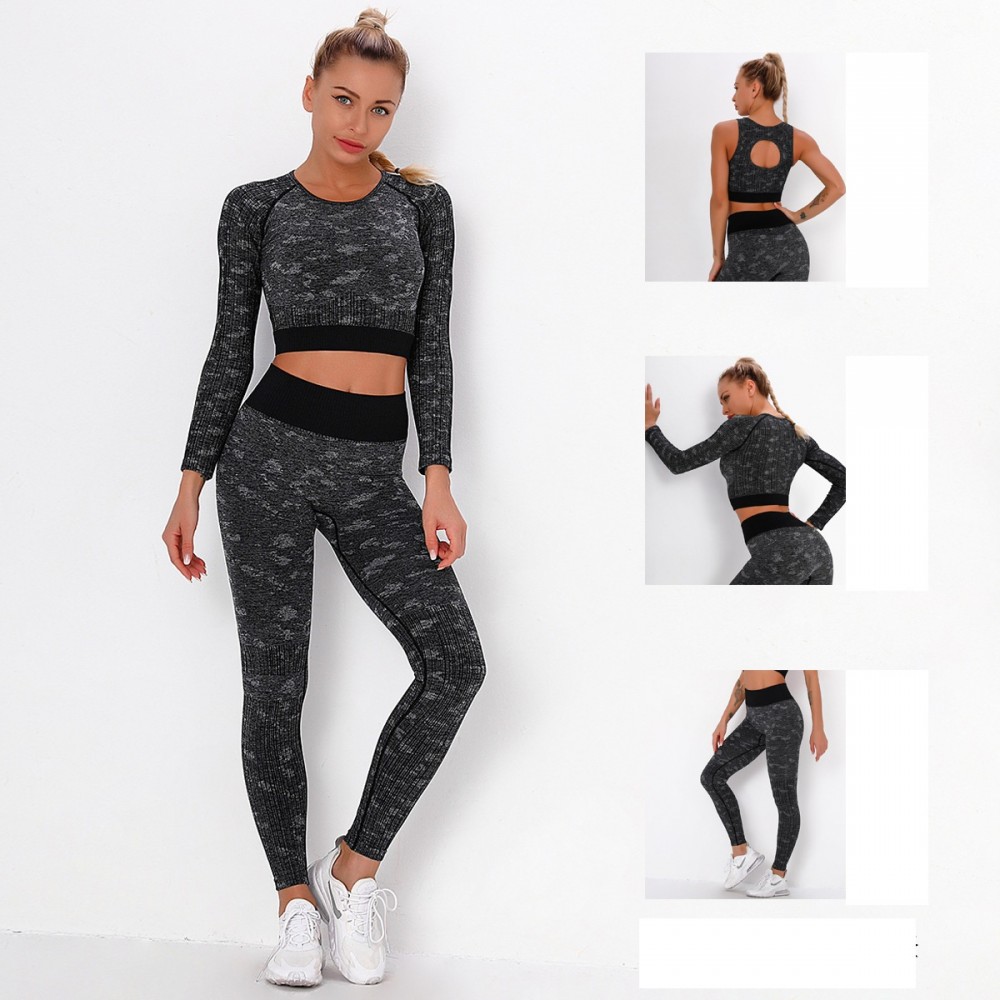 Spot high-end seamless knitting yoga fitness kit outdoor quick-dry stripes camouflage yoga suit three-piece set 