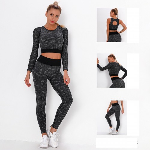 Spot high-end seamless knitting yoga fitness kit outdoor quick-dry stripes camouflage yoga suit three-piece set
