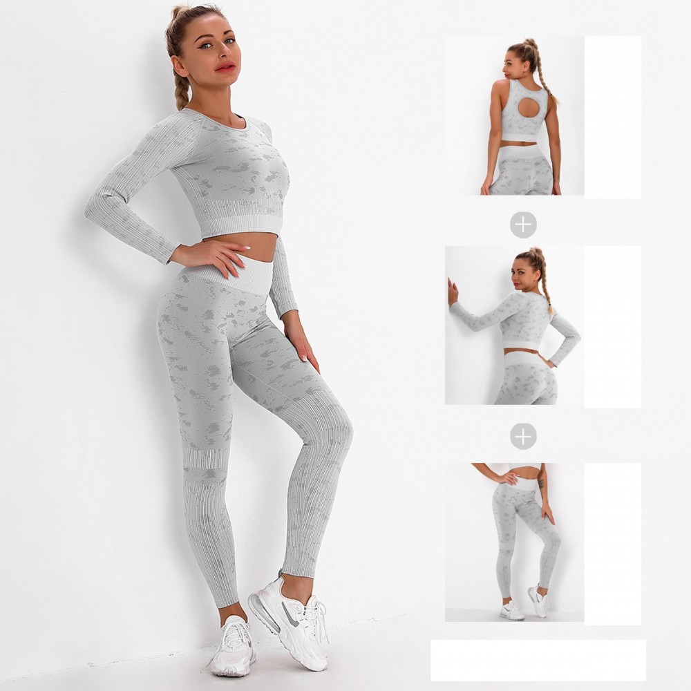 Spot high-end seamless knitting yoga fitness kit outdoor quick-dry stripes camouflage yoga suit three-piece set 