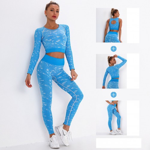 Spot high-end seamless knitting yoga fitness kit outdoor quick-dry stripes camouflage yoga suit three-piece set 