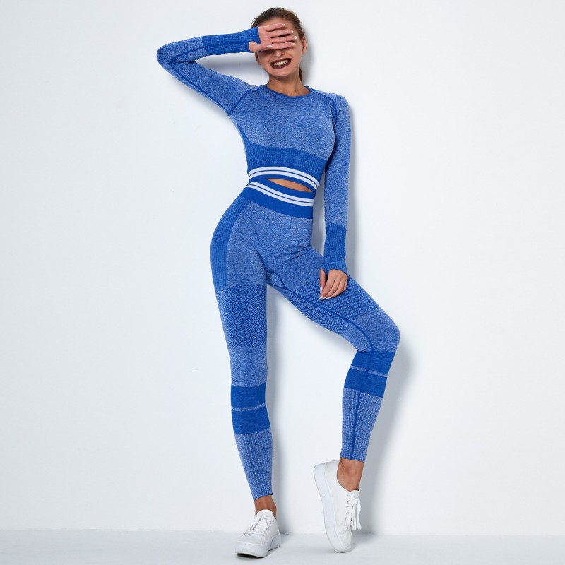 Seamless knitting, quick-action, Yoga, long-sleeve suit, striped gym pants suit