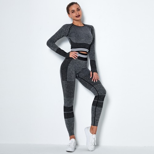 Seamless knitting, quick-action, Yoga, long-sleeve suit, striped gym pants suit