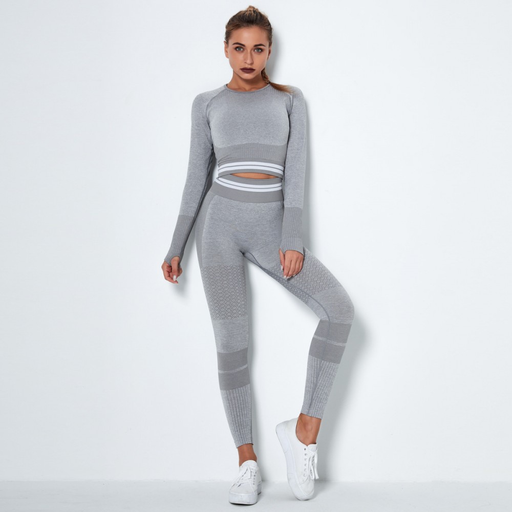 Seamless knitting, quick-action, Yoga, long-sleeve suit, striped gym pants suit 