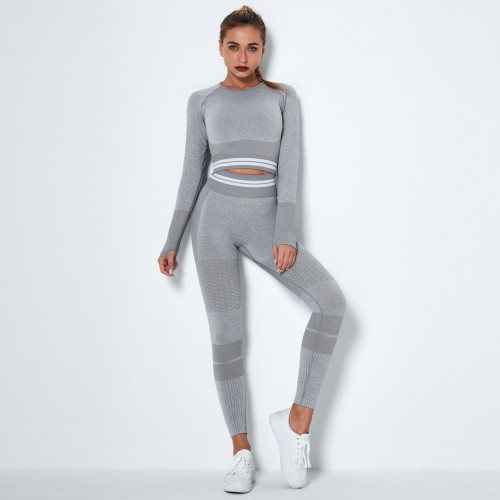 Seamless knitting, quick-action, Yoga, long-sleeve suit, striped gym pants suit 