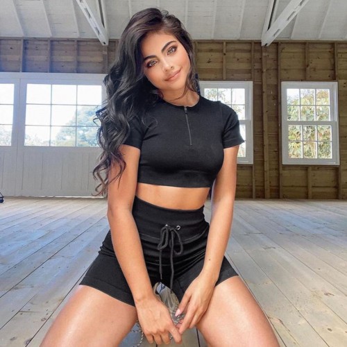 Europe and the United States Amazon seamless sports yoga bodysuit, short-sleeved shorts set drawstring Zipper new women 