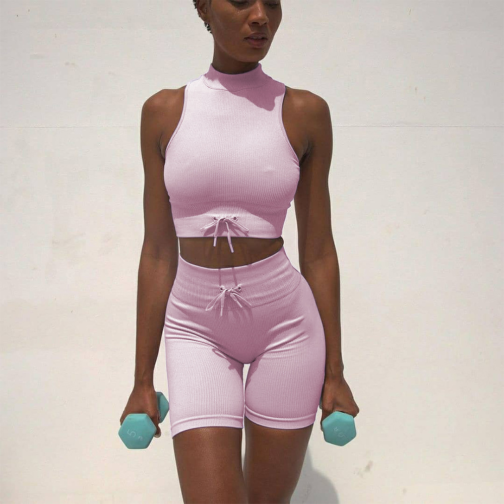  seamless exercise yoga bodysuit, high-necked vest shorts piano line exercise set new women 