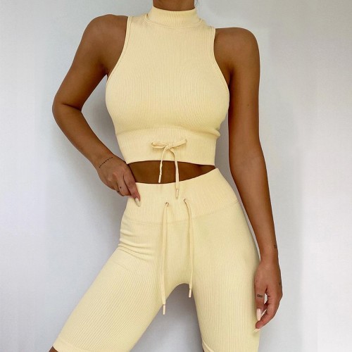  seamless exercise yoga bodysuit, high-necked vest shorts piano line exercise set new women