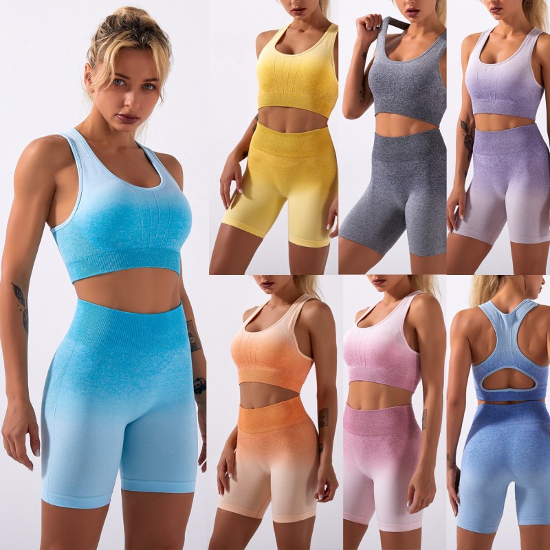 New, Shark Knit Amazon tie-dye gradient seamless fitness yoga suit sports bra shorts suit woman