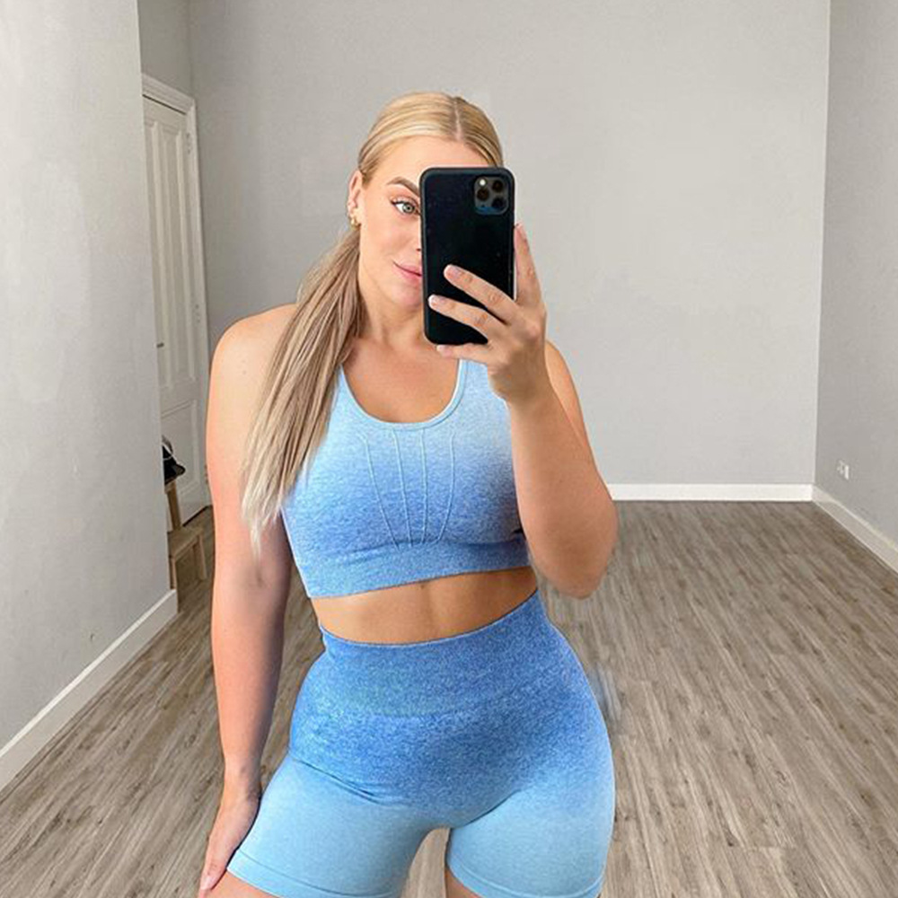 New, Shark Knit Amazon tie-dye gradient seamless fitness yoga suit sports bra shorts suit woman 