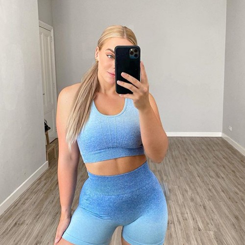 New, Shark Knit Amazon tie-dye gradient seamless fitness yoga suit sports bra shorts suit woman 