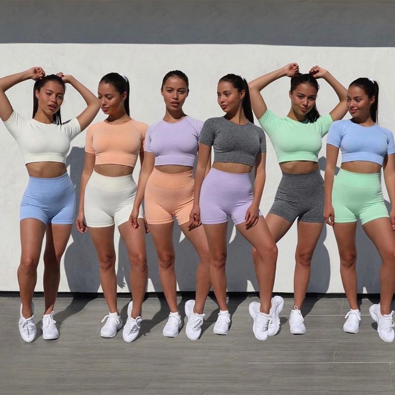 Shark knit Seamless fitness yoga long pants Seamless short sleeve high waist shorts suit