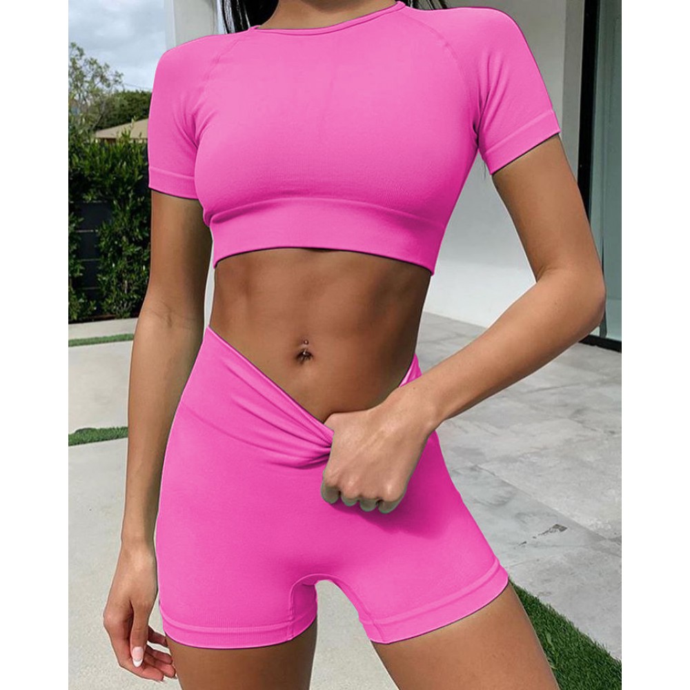 Shark knit Seamless fitness yoga long pants Seamless short sleeve high waist shorts suit 