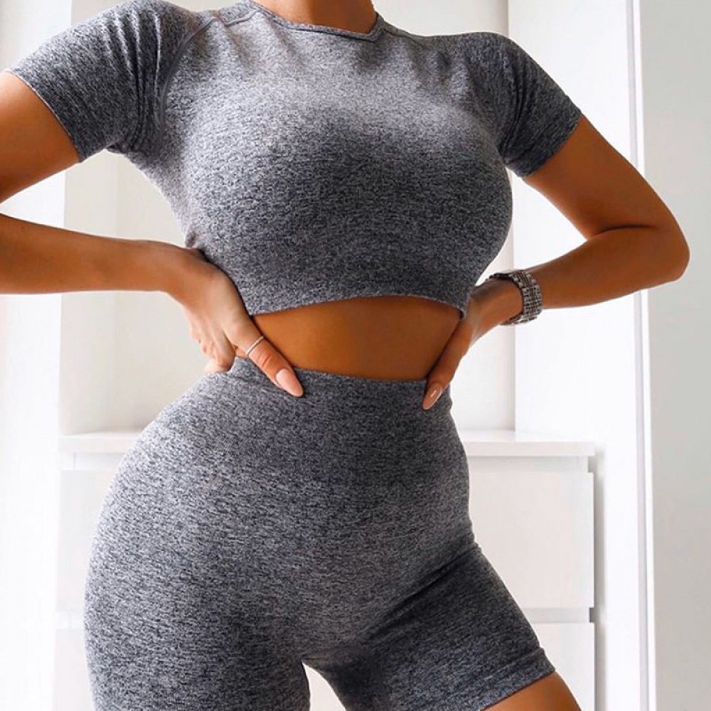 Shark knit Seamless fitness yoga long pants Seamless short sleeve high waist shorts suit 