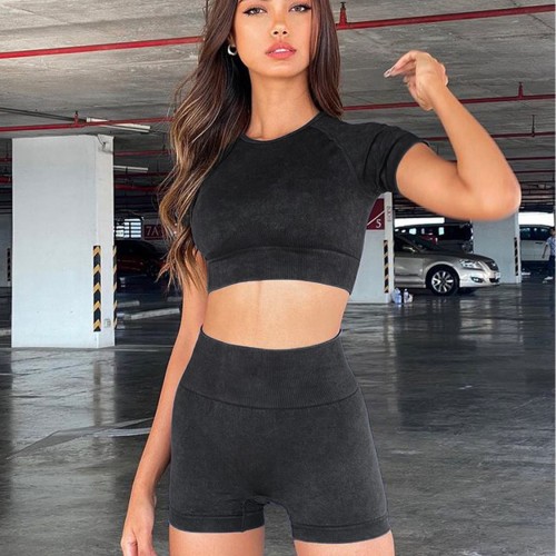 Cross-border Amazon seamless sports yoga bodysuit, short-sleeved short-sleeved shorts set of Internet celebrities new female