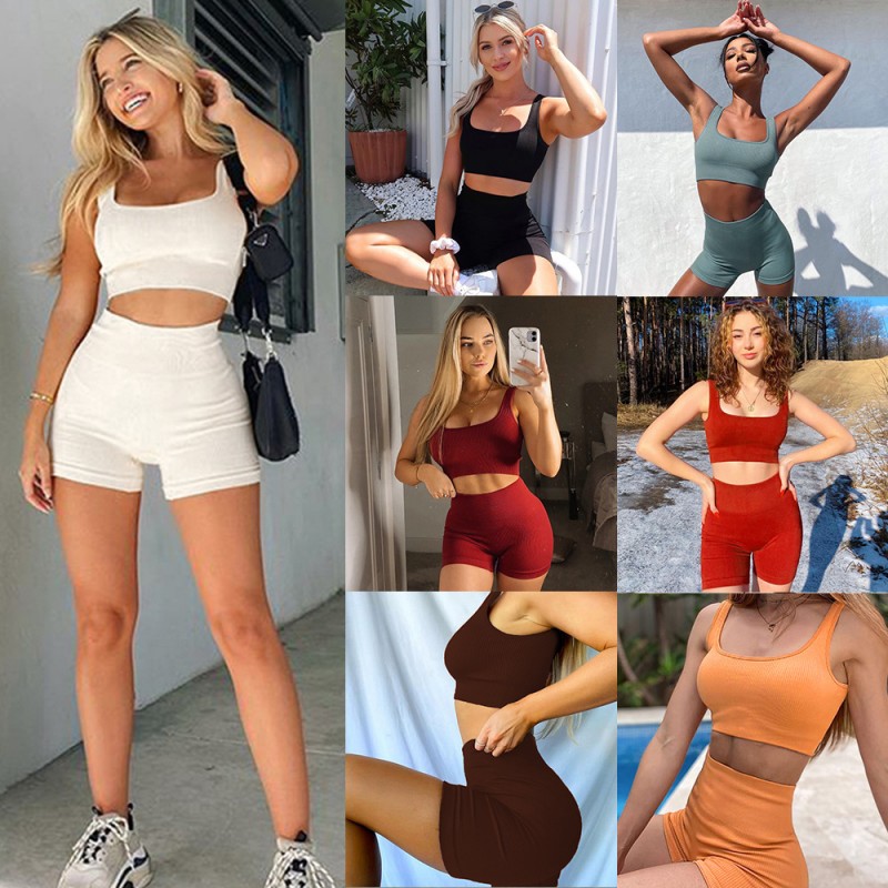 Fashion Sports Fitness Yoga dress u collar bra shorts seamless Botee two-piece suit