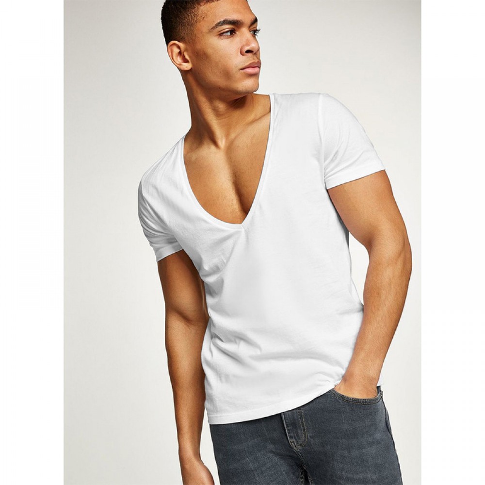 Manufacturer Wholesale Men’s fitness v-neck t-shirt summer pure color slim short-sleeved cotton men’s sports jacket 