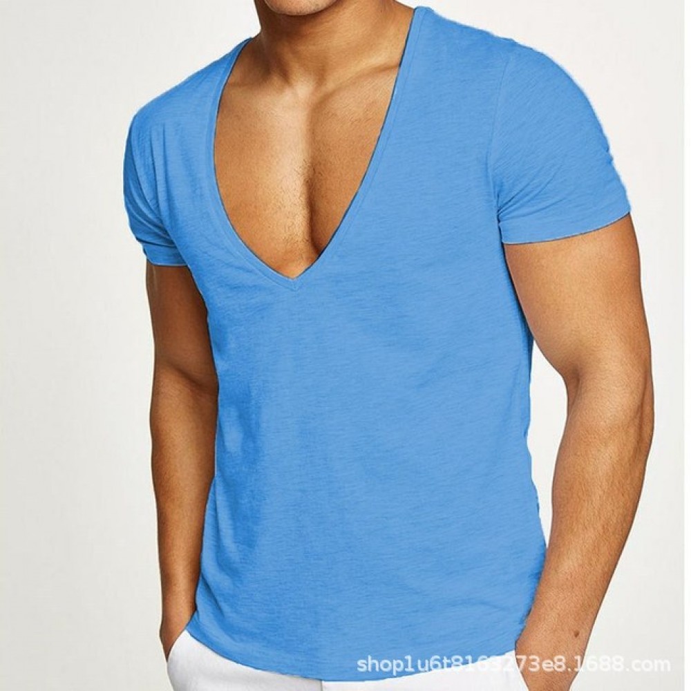 Manufacturer Wholesale Men’s fitness v-neck t-shirt summer pure color slim short-sleeved cotton men’s sports jacket 