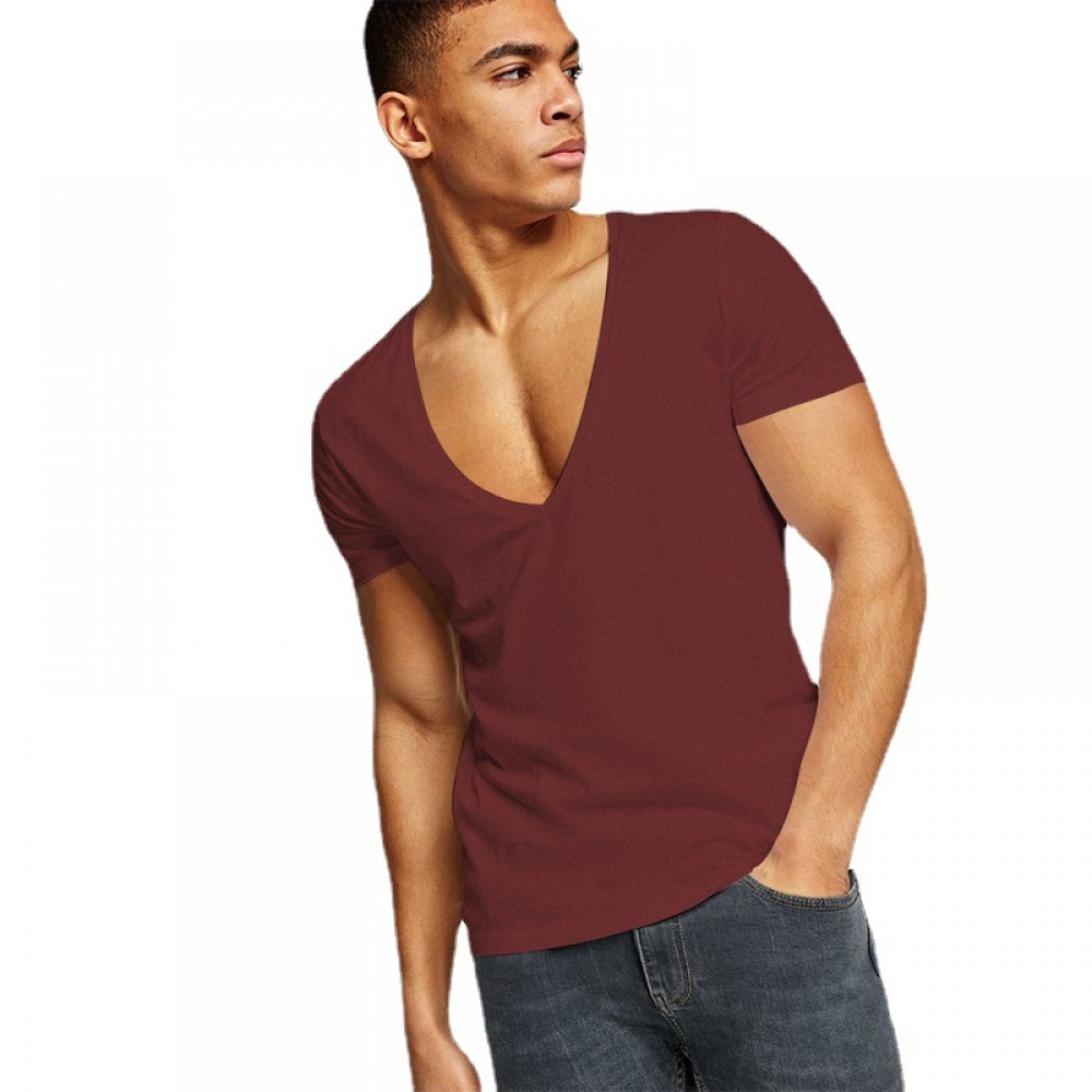 Manufacturer Wholesale Men’s fitness v-neck t-shirt summer pure color slim short-sleeved cotton men’s sports jacket 