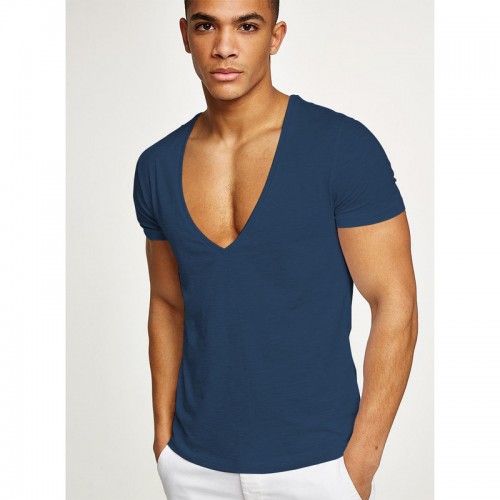 Manufacturer Wholesale Men’s fitness v-neck t-shirt summer pure color slim short-sleeved cotton men’s sports jacket 