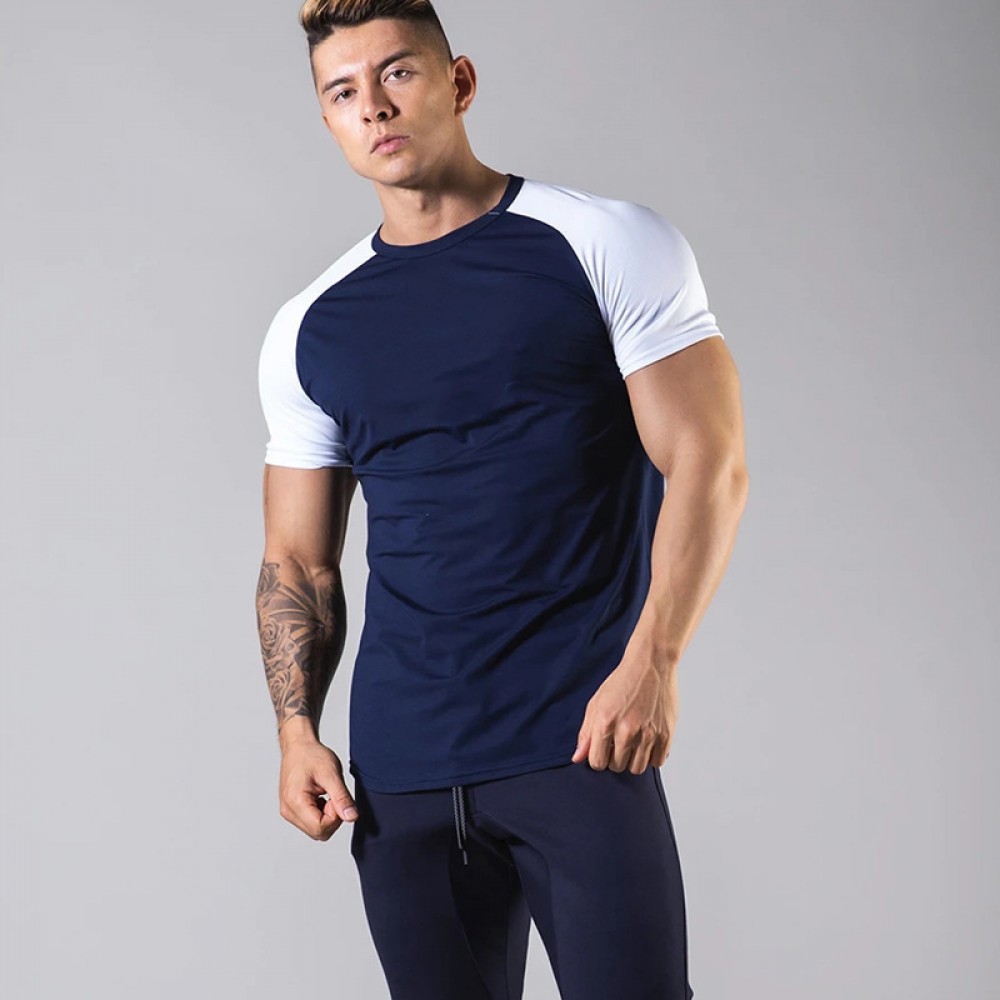 Summer new style men’s shoulder style t-shirt fashion, summer quick dry breathable short-sleeved sports spell color t-shirt 