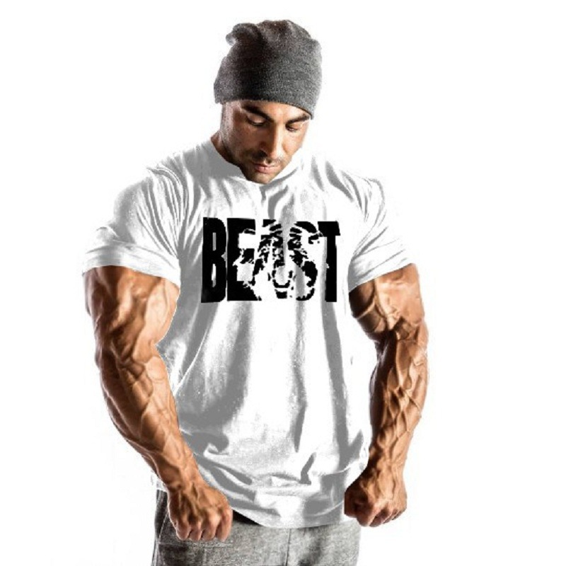 n and European men’s fitness campaign beast print beast round collar, pure cotton muscle t shirt