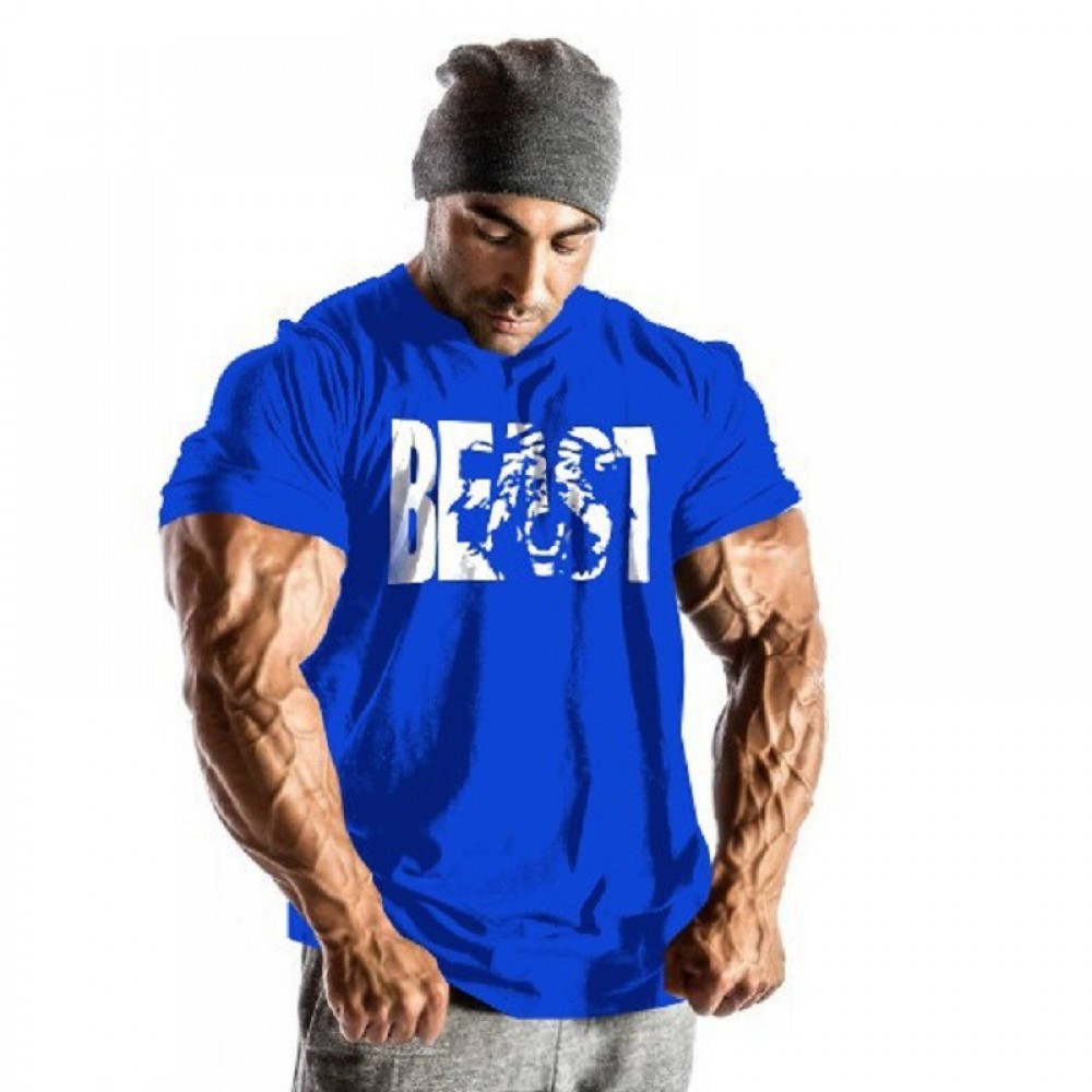 n and European men’s fitness campaign beast print beast round collar, pure cotton muscle t shirt 