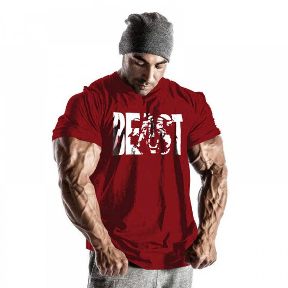 n and European men’s fitness campaign beast print beast round collar, pure cotton muscle t shirt 