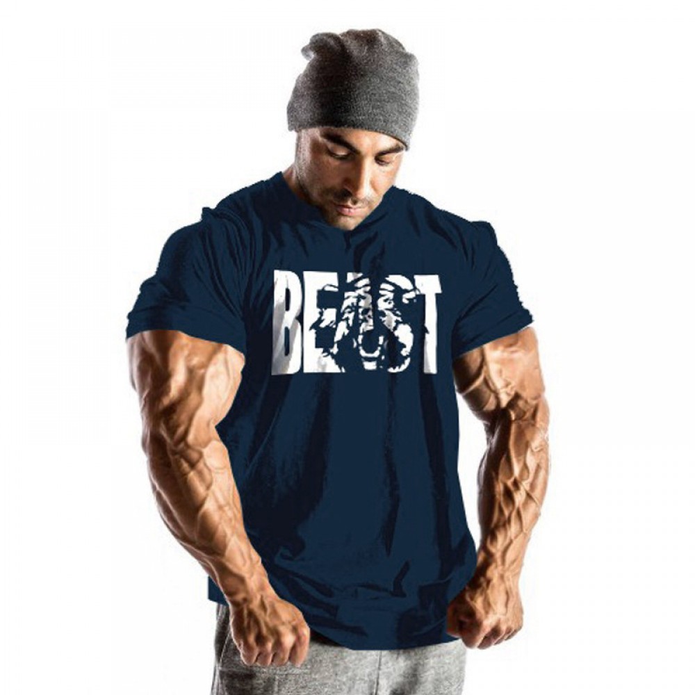 n and European men’s fitness campaign beast print beast round collar, pure cotton muscle t shirt 